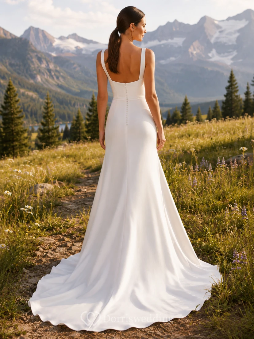 Robe de mariée minimaliste en satin à encolure carrée, bretelles larges et traîne balayée, style sirène, style montagne view 2