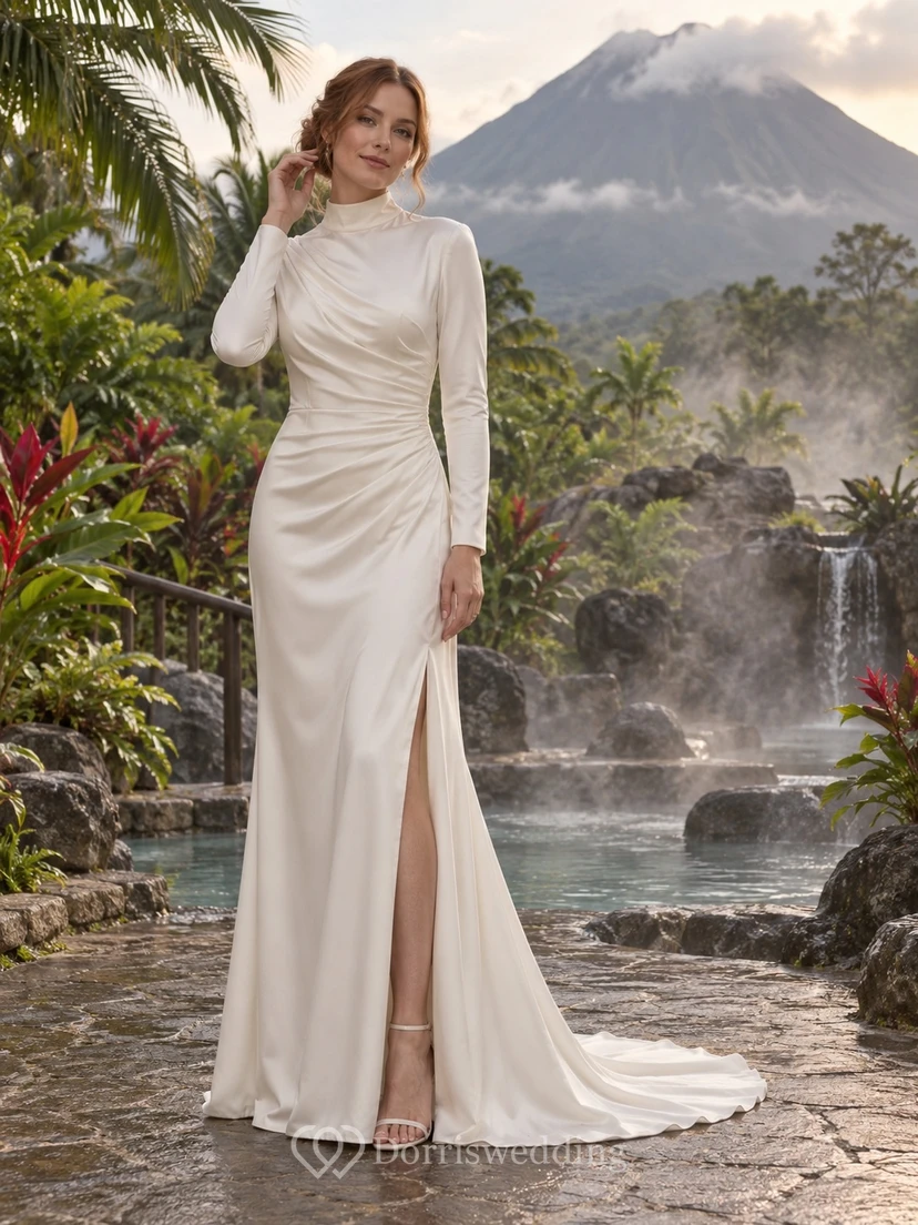 High Neck Long Sleeve Satin Wedding Dress with Ruched Waist and Split Sheath Skirt