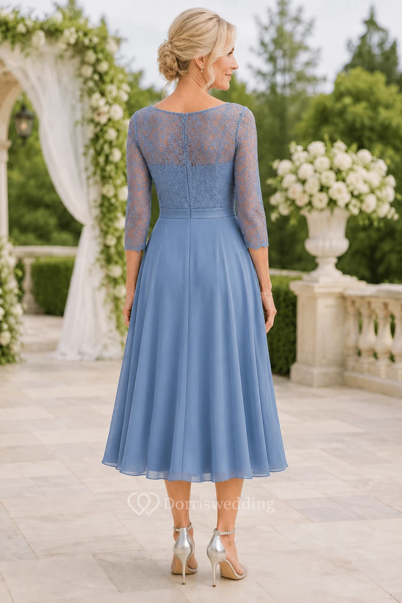 Robe MOB bleu acier en mousseline de soie et dentelle, coupe trapèze, manches 3/4, col rond, longueur thé view 2