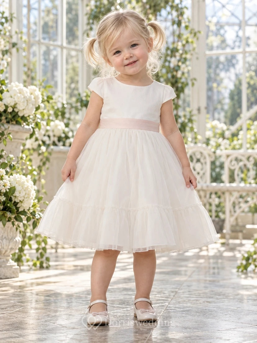 Simple Modest Ivory Knee Length Narrow Blush Band Cap Sleeve Tiered Flower Girl Dress view 2