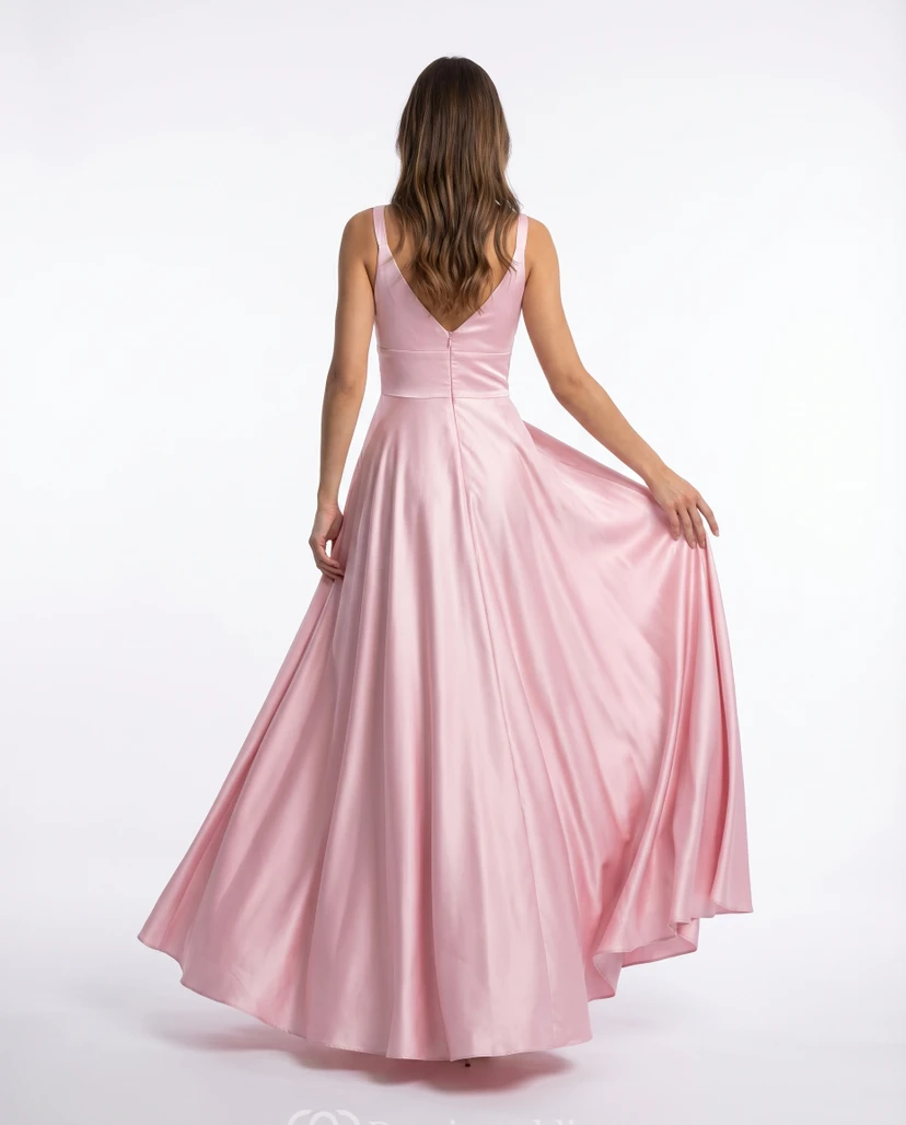 Ballkleid aus rosafarbenem Satin mit V-Ausschnitt und A-Linien-Schnitt für Brautjungfern und Abiball view 2