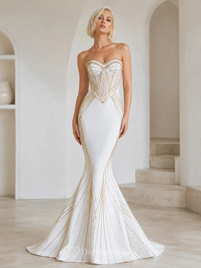 Robe de mariée sirène Art Déco longue sans bretelles en satin de luxe