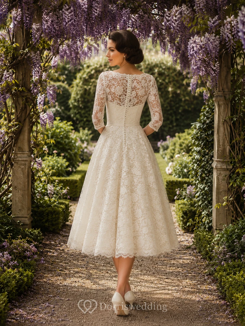 Robe de mariée vintage des années 1950, manches en dentelle, longueur thé view 2