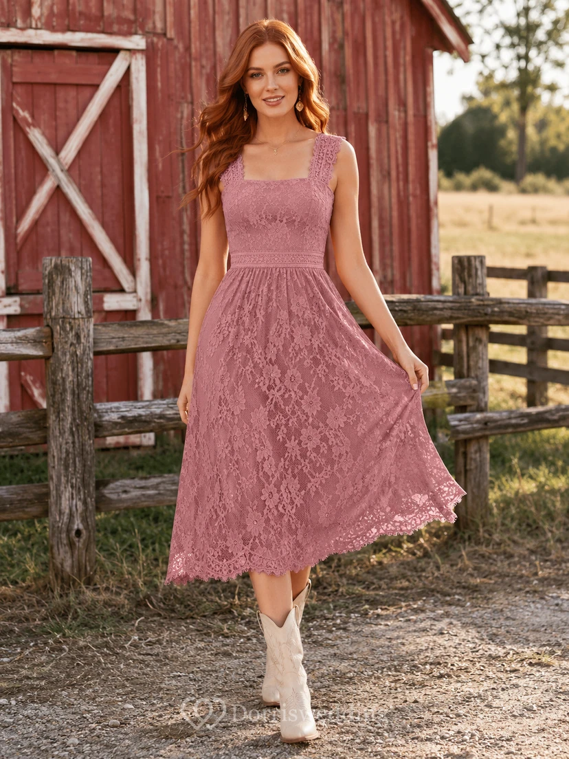 Dusty rose square neck lace A-line barn wedding midi dress