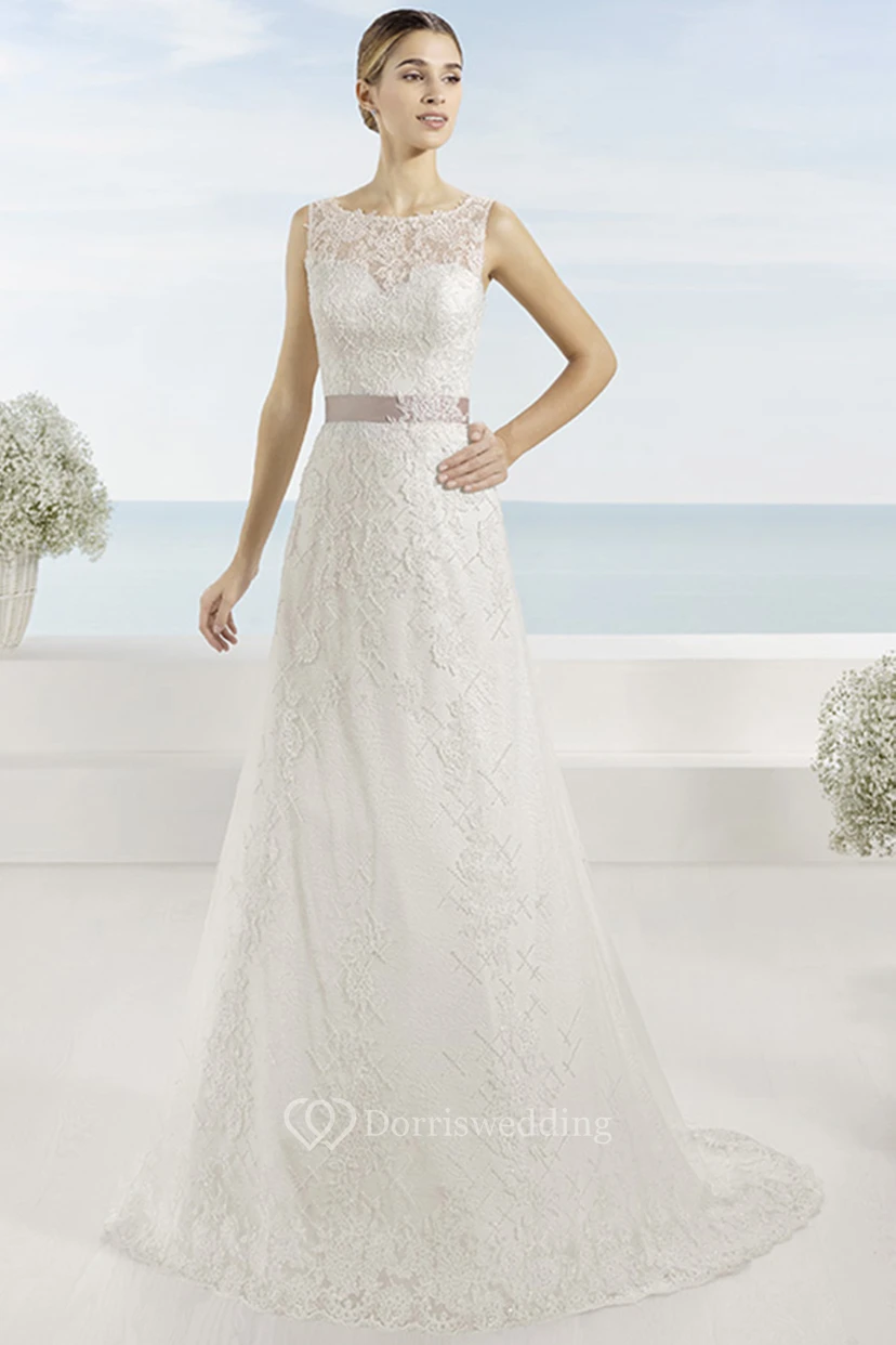 A-Line Sleeveless Appliqued Bateau Floor-Length Lace Wedding Dress With Bow And Illusion Back