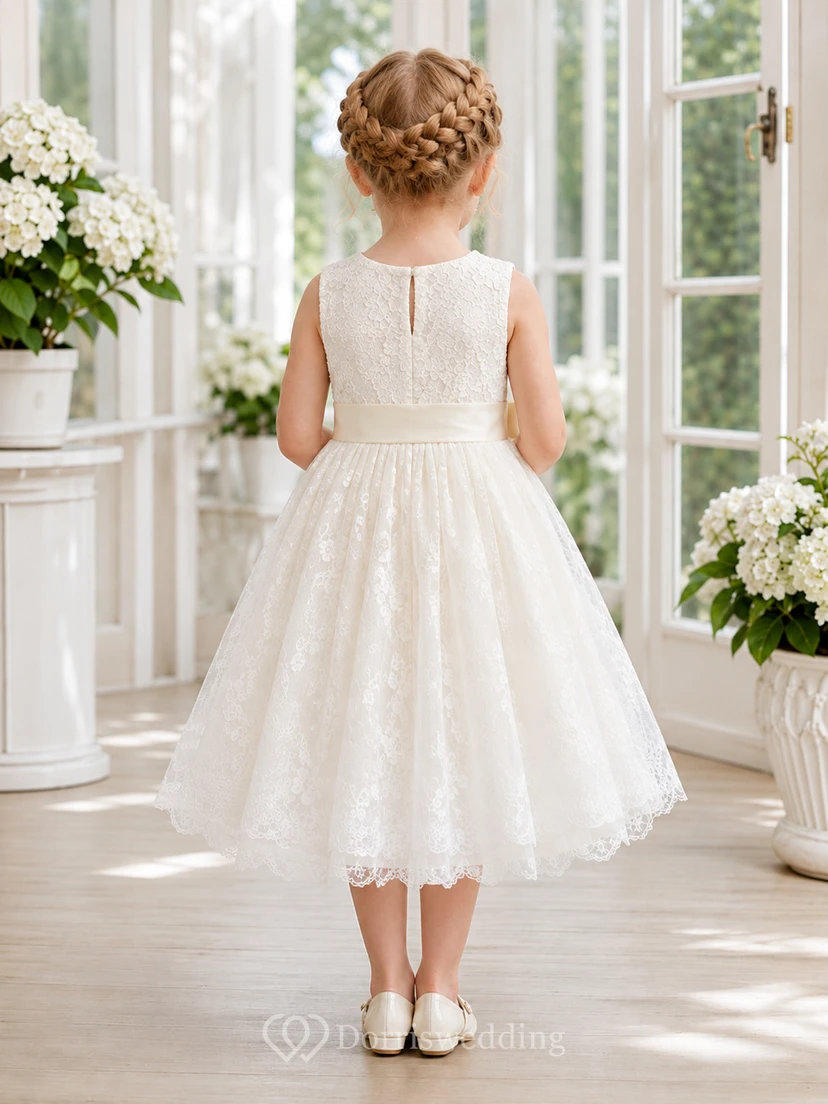 Robe de demoiselle d'honneur en dentelle champagne et tulle, coupe trapèze, col rond, longueur thé view 2