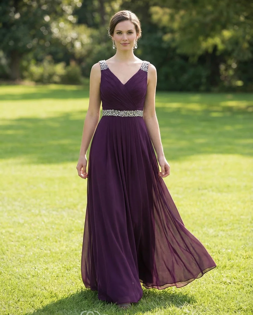 Burgundy Chiffon Gown with Crystal Straps
