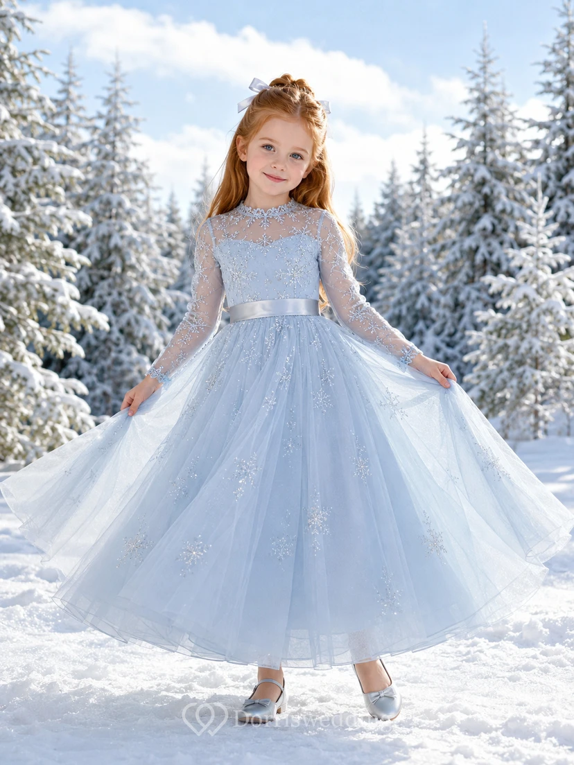 Elegant A-Line Flower Girl Dress with Square Neck Illusion Long Sleeves Sky Blue Tulle Court Ceremony