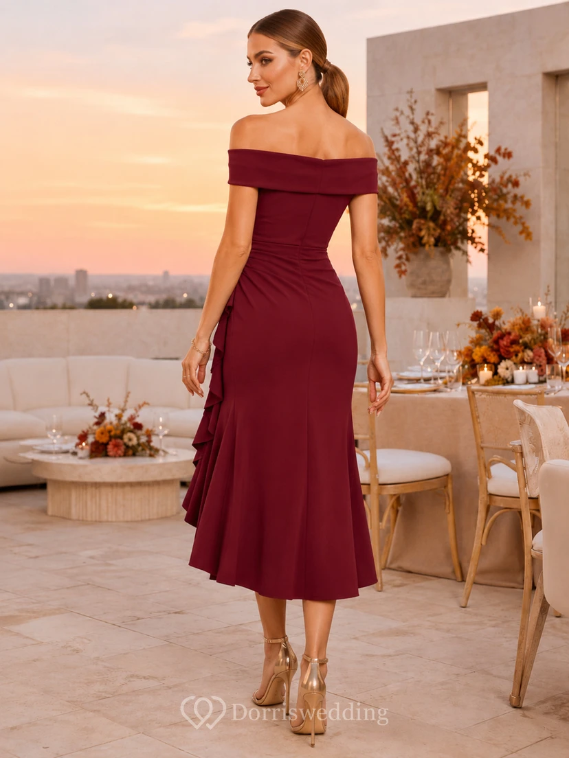 Burgundy Off-Shoulder Ruffle Chiffon Asymmetric Midi Wedding Guest Dress view 2