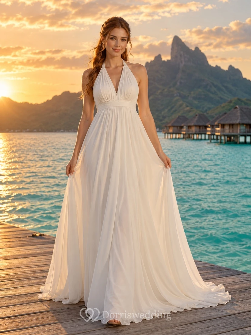 Schlichtes, ärmelloses A-Linien-Brautkleid mit Neckholder und V-Ausschnitt, gerafft