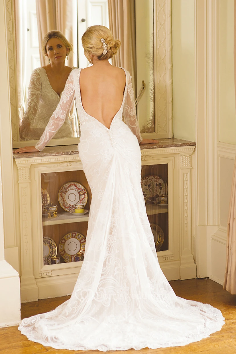 Trumpet V-Neck Long-Sleeve Long Beaded Lace Wedding Dress With Embroidery And Waist Jewellery view 2
