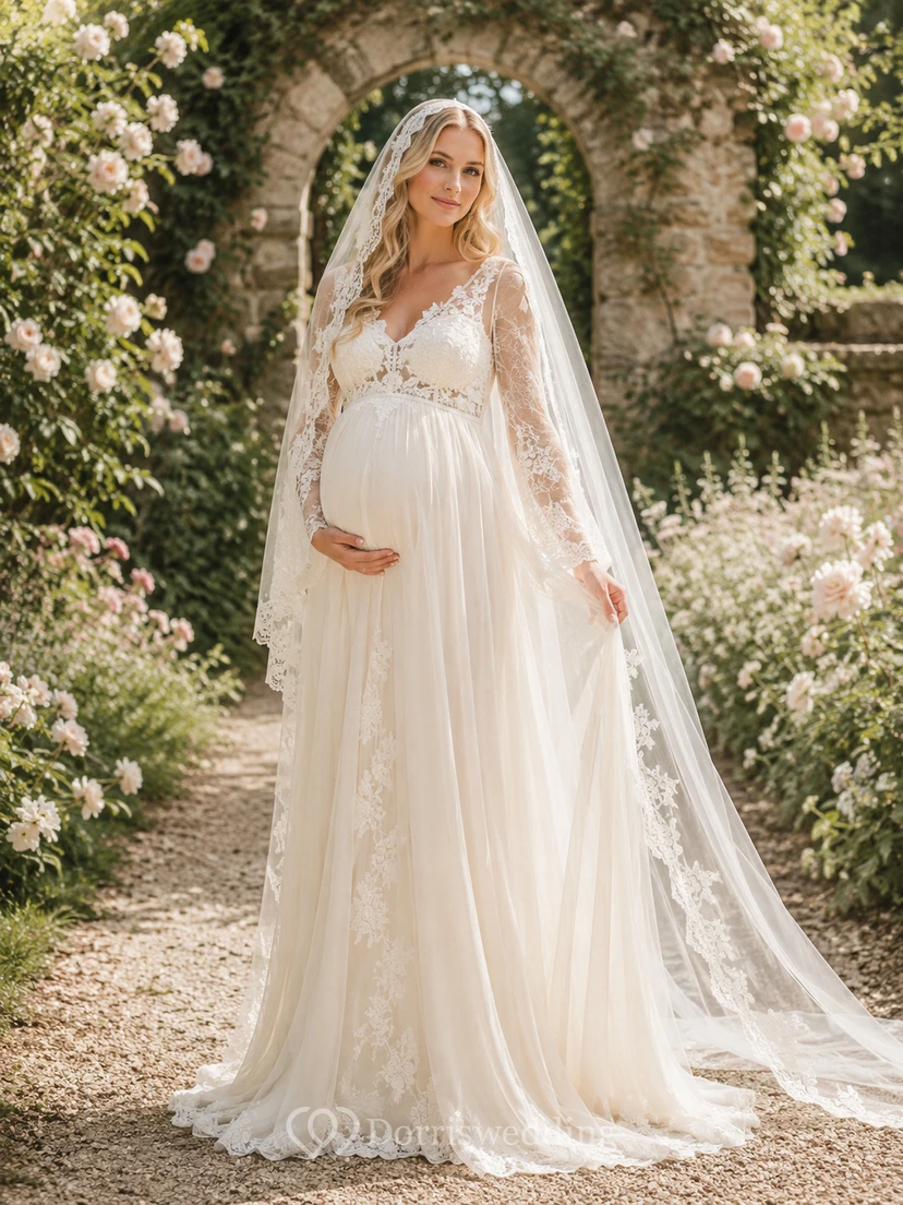 Maternity Wedding Dress V-Neck Long Lace Sleeve Romantic A-Line Gown with Train