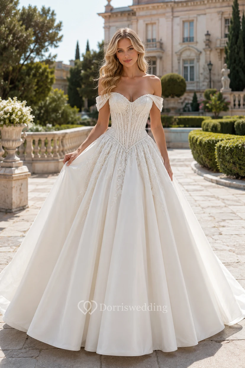 Robe de mariée de bal en satin à épaules dénudées avec corset en dentelle