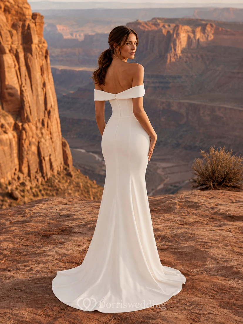 Robe de mariée sirène moderne à épaules dénudées en crêpe, motif paysage de canyon, pour une escapade amoureuse view 2