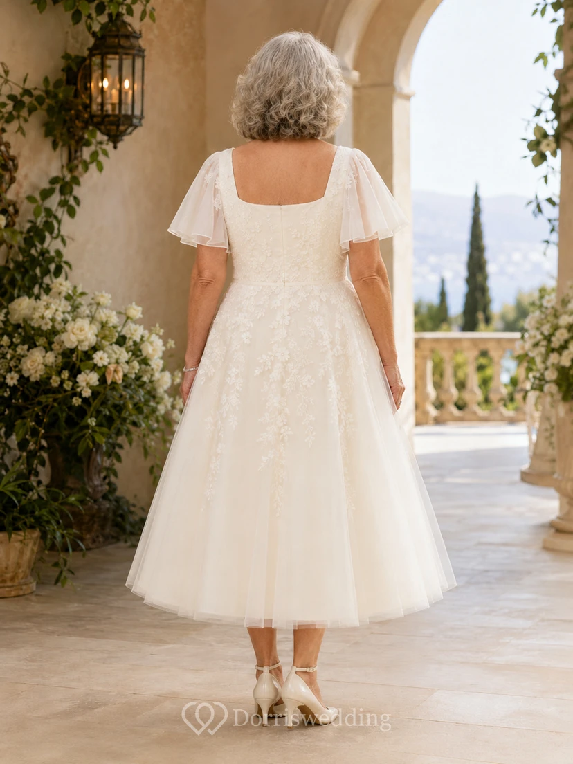 Vestido de novia de tul de talla grande con escote cuadrado y largo hasta la rodilla para novias mayores view 2