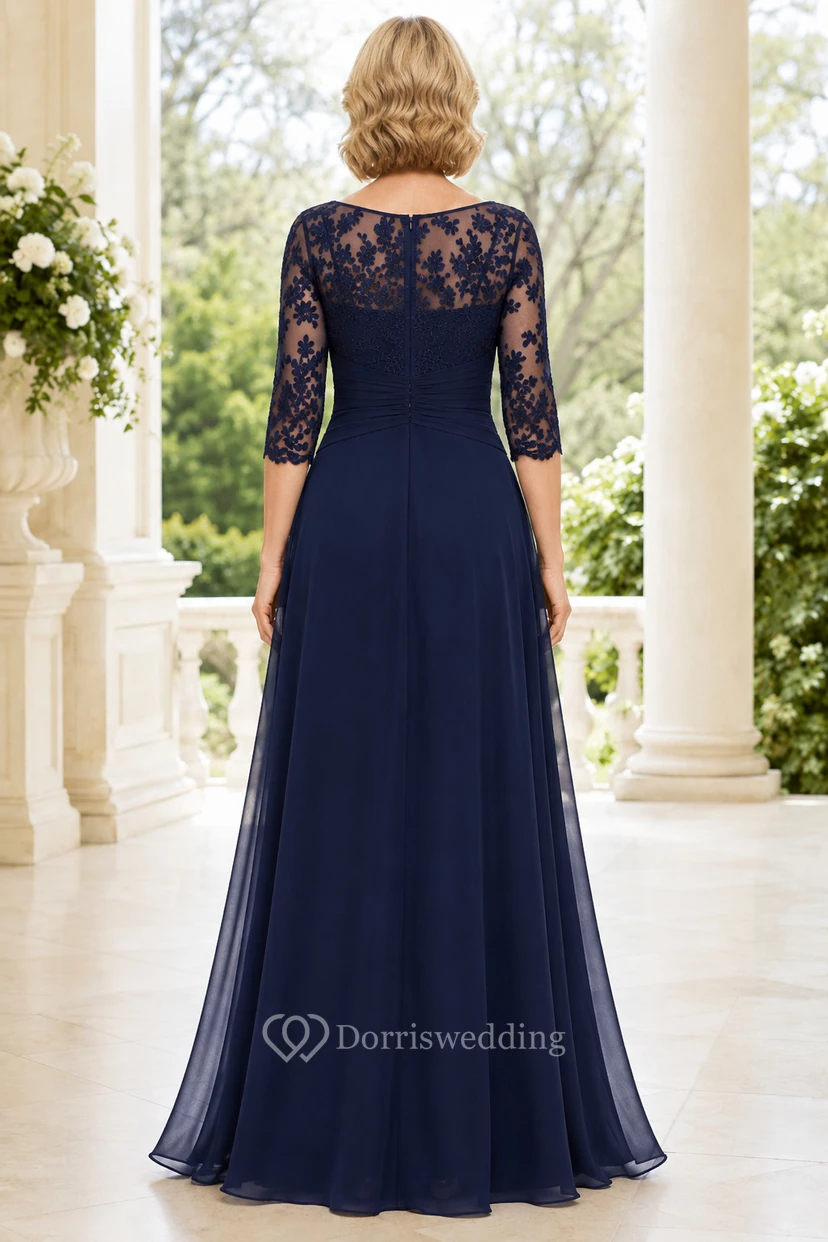 MOB Dress Dark Navy Chiffon Lace A-Line 3/4 Sleeve Bateau Neck Floor Length view 2