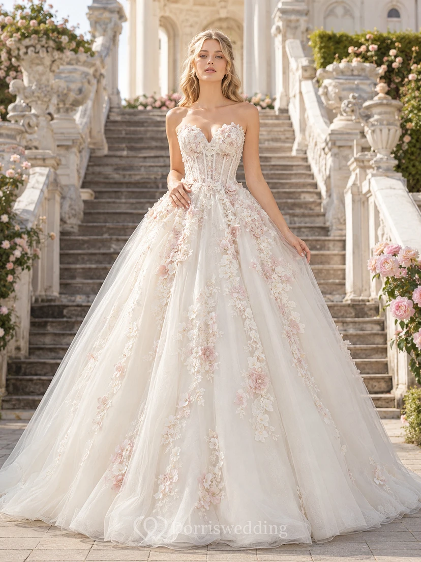 Vestido de gala con apliques florales para bodas en jardines palaciegos