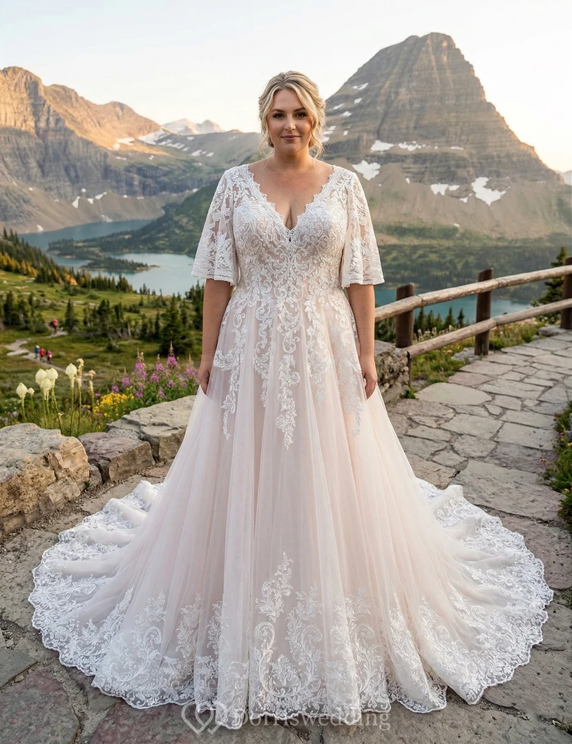 Robe de mariée grande taille à manches courtes en dentelle, décolleté en V, coupe trapèze et traîne en dentelle