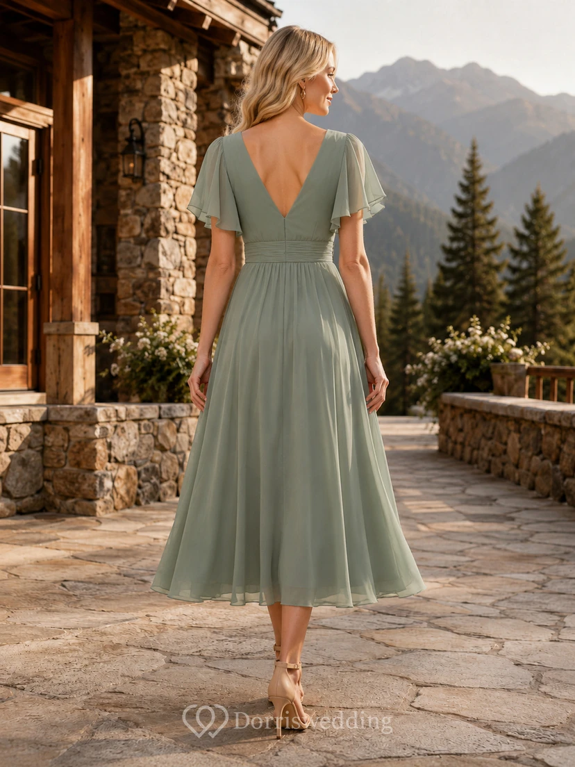 Mountain Lodge Sage V-Neck Chiffon A-Line Tea-Length Flutter Sleeve Dress view 2