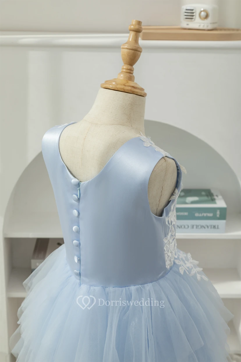 Sky Blue Scoop-neck Applique Ruffled Tulle Short Flowergirl Dress view 8