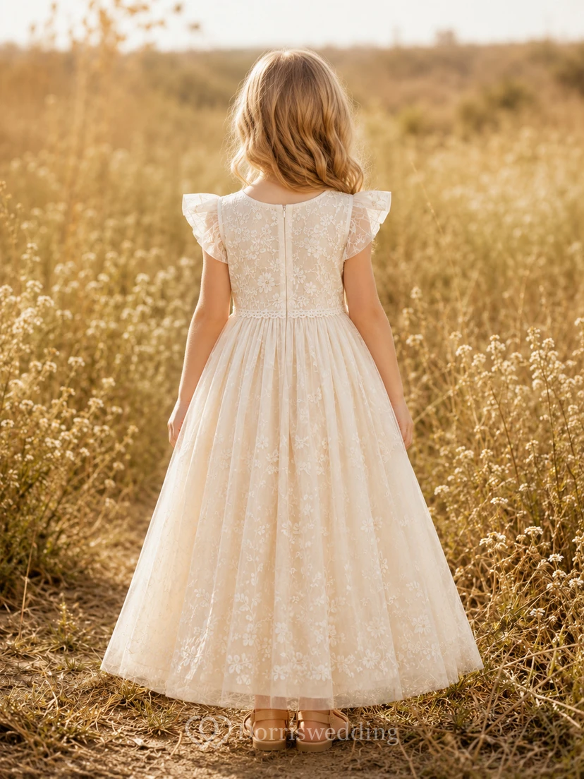 Blumenmädchenkleid aus elfenbeinfarbener Spitze und Tüll, A-Linie, Rundhalsausschnitt, Teelänge view 2