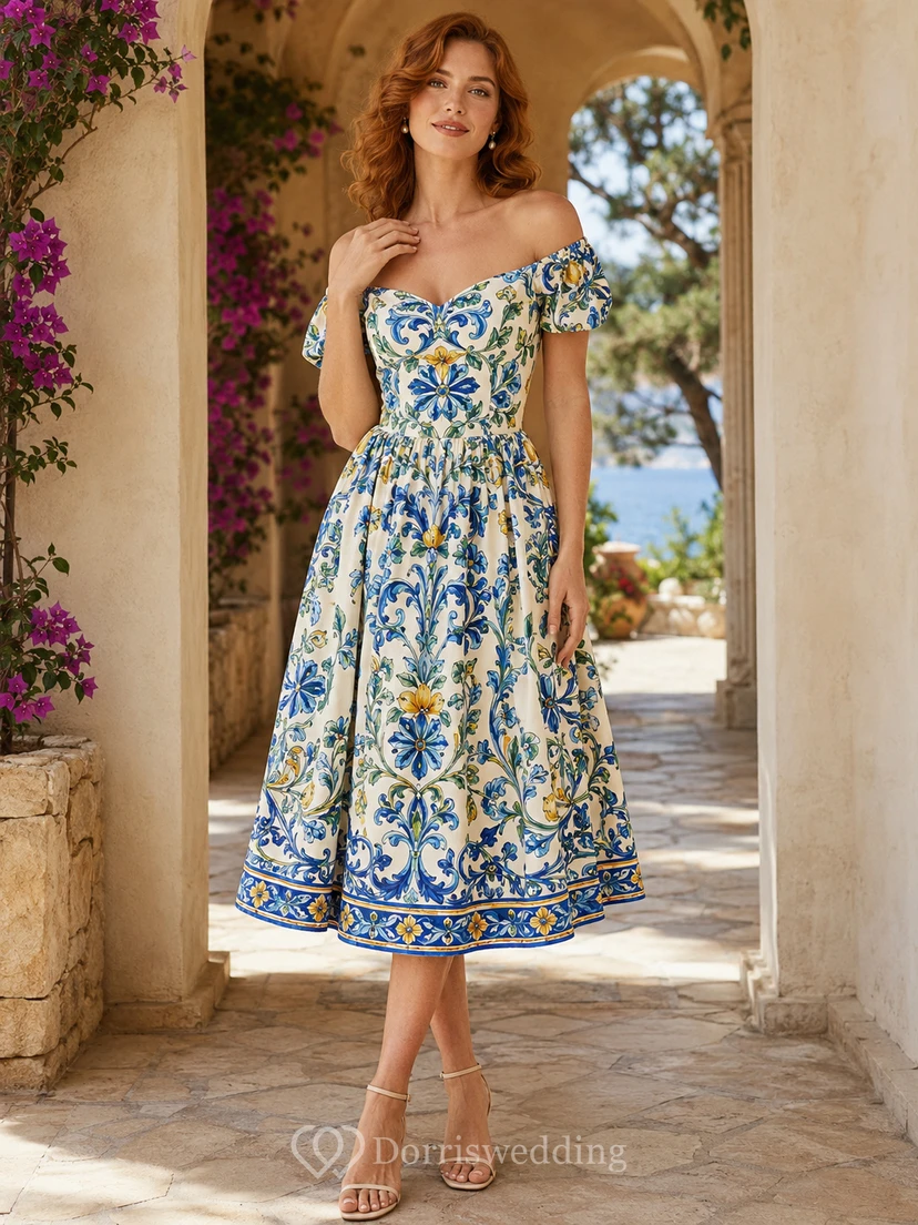 Blue Italian Ceramic Off Shoulder Puff Sleeve Midi Guest Dress