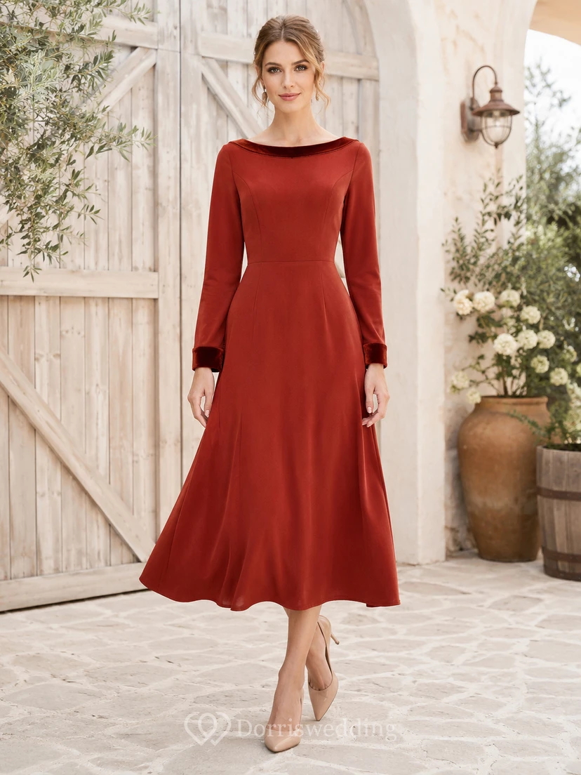 Burgundy Bateau Neck Long Sleeve Velvet Tea Guest Dress