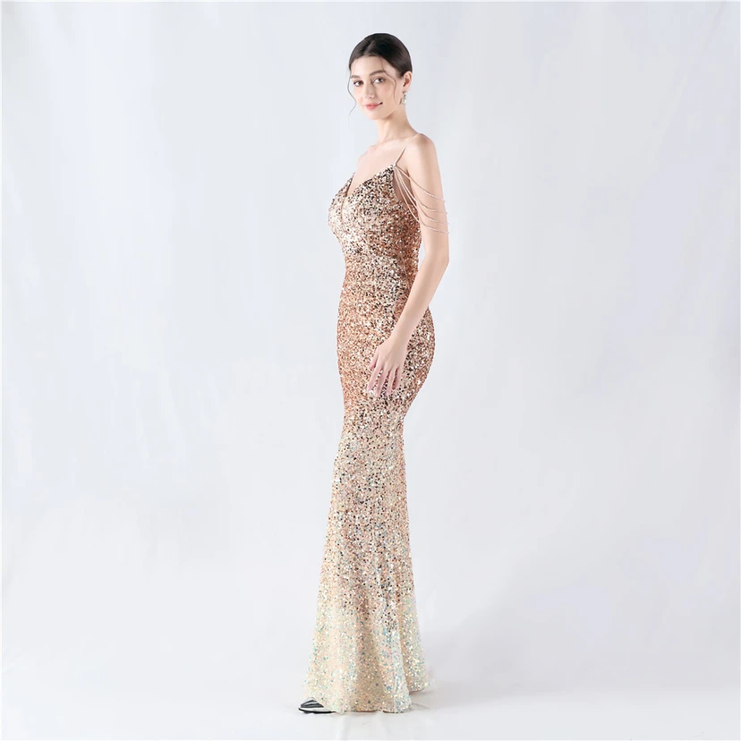 Velvet-Bottom Gradient Sequined Sexy Beaded Suspender Evening Dress view 43