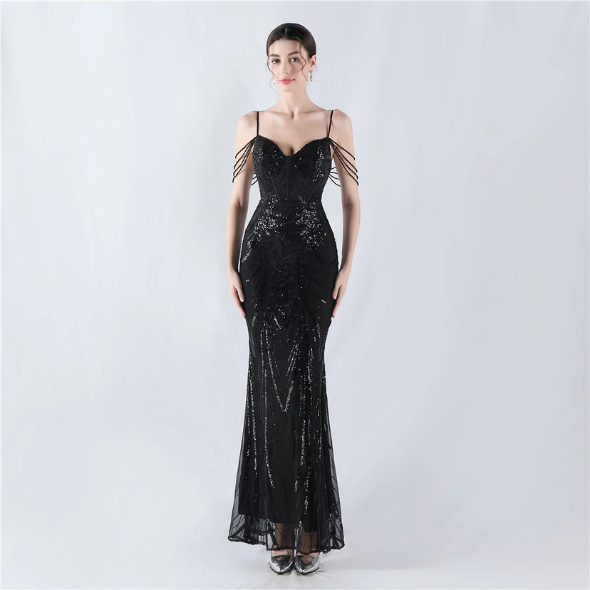 Waist-Reduced Fishbone Shaping Positioning Flower Sequined Anchor Sexy Beaded Suspender Evening Dress view 31