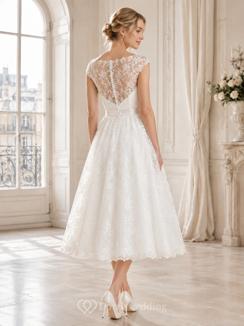 Classic Tea-Length Bateau Cap Sleeve Lace A-Line Vintage Wedding Dress view 2