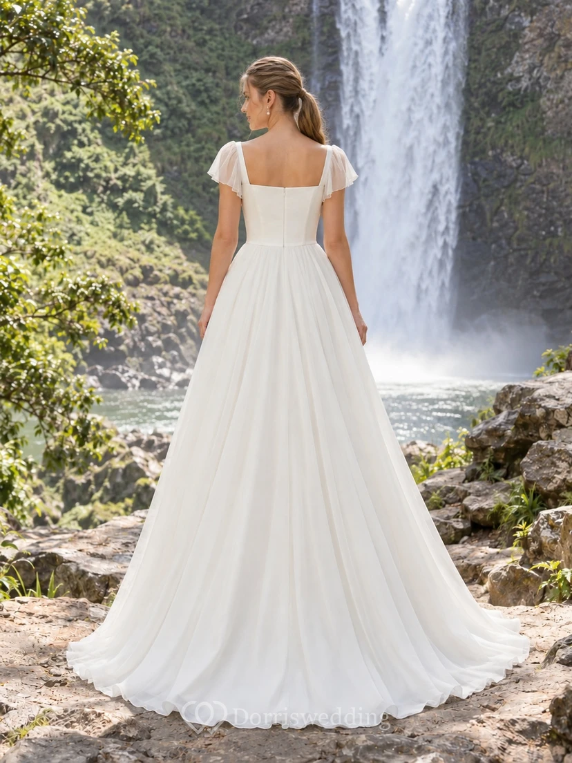 Simple Square Neck Cap Sleeve Chiffon Fitted Waist A Line Sweep Train Wedding Dress view 2