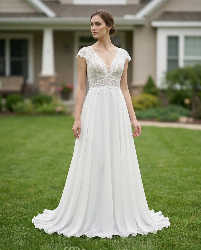 Robe de mariée illusion en dentelle et mousseline à manches courtes