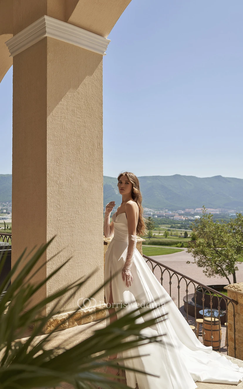Ball Gown Empire Sweetheart Sleeveless Floor Length Satin Simple Wedding Dress with Ruching and Split Front view 5