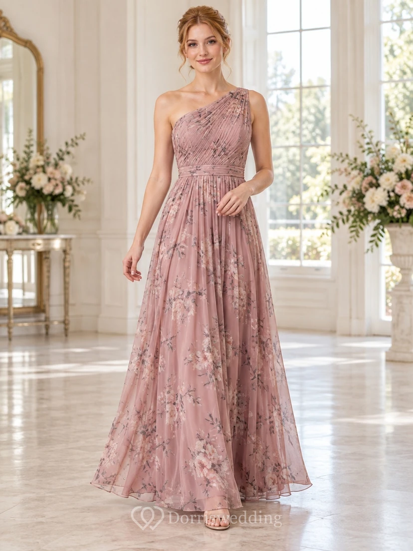 Robe de demoiselle d'honneur en mousseline de soie rose poudré à fleurs, asymétrique, drapée, longue jusqu'au sol, coupe trapè