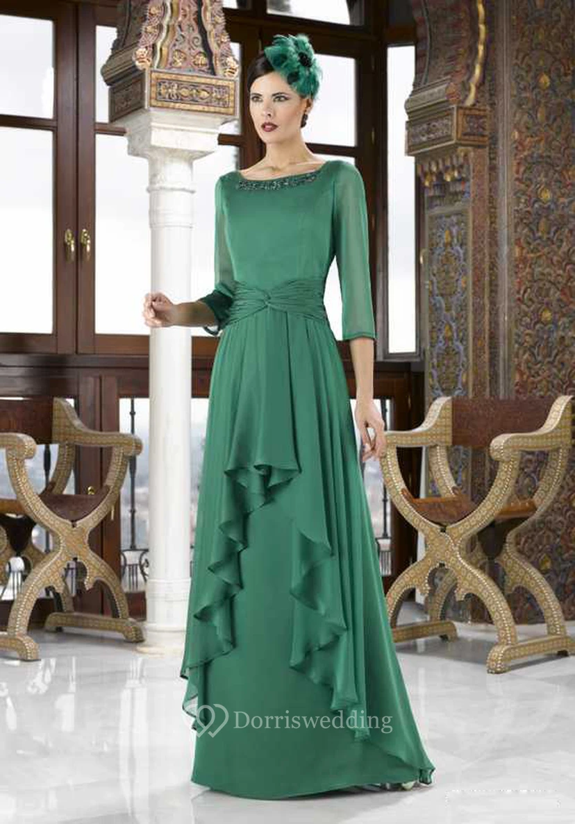 3-4 Sleeve Beaded Square Neck Chiffon Mother Of The Bride Dress With Draping