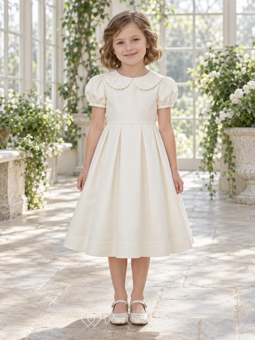 Schlichtes, elegantes Vintage-Blumenmädchenkleid in Elfenbein, knielang, mit abgerundetem, geschwungenem Kragen, kurzen Puffärmeln und kastenförmigen Falten an den Ärmelbündchen.