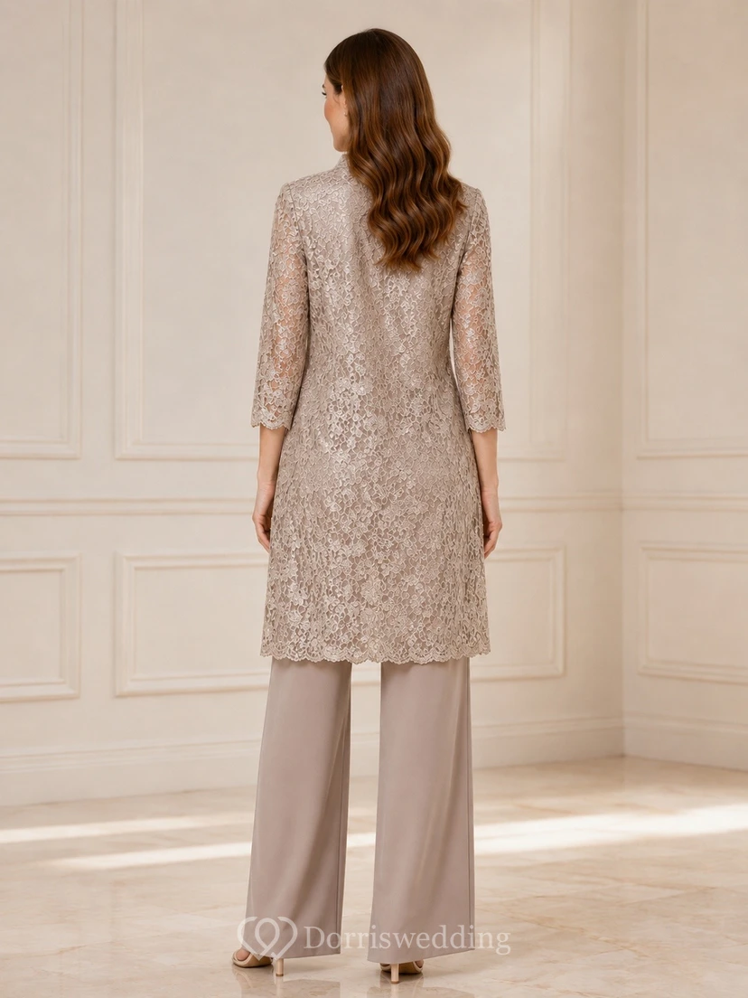 Taupe Lace Long Jacket Wide Leg Two Piece Formal Suit view 2