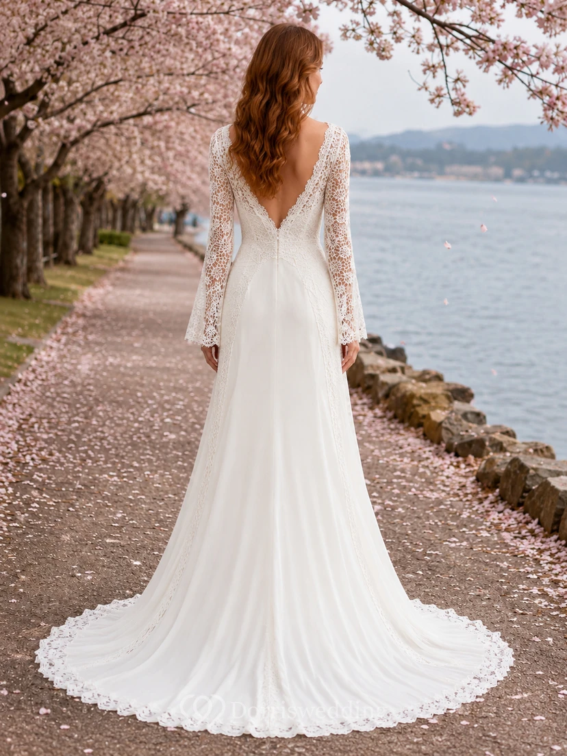 Brautkleid mit V-Ausschnitt, Spitzenärmeln und Kirschblütenmuster view 2