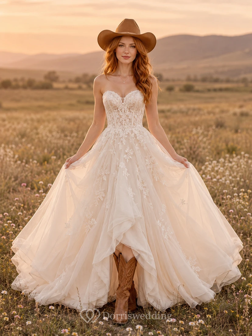 Robe de mariée de maternité, épaules dénudées, drapée en mousseline, style jardin, avec traîne souple