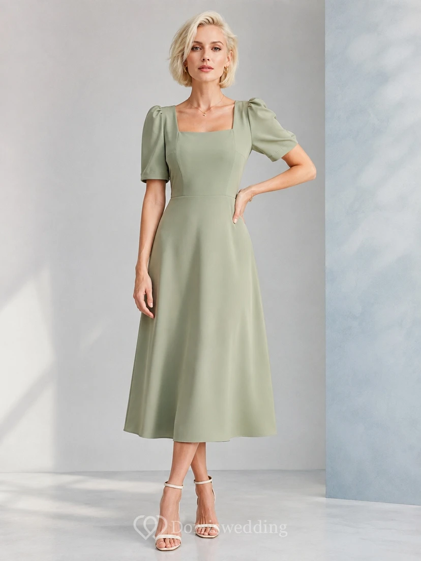Sage Square-Neck Puff-Sleeve A-Line Tea-Length Elegant Occasion Dress