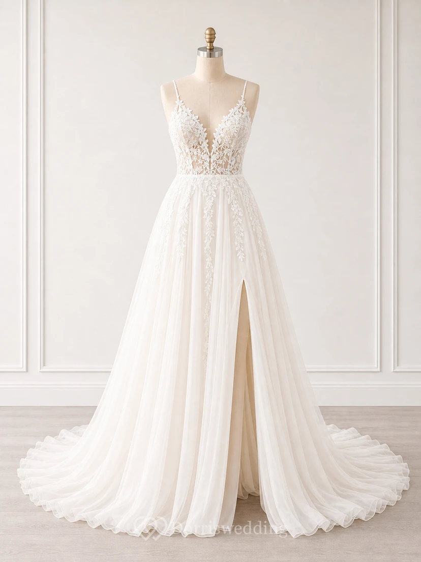 Boho Beach Wedding Dress with Spaghetti Straps, Floral Lace Bodice, High Slit & Flowing Chiffon Train view 6