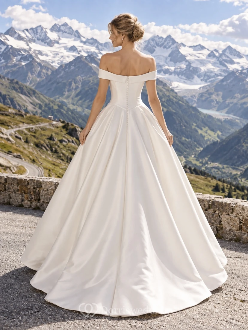 Vestido de novia sencillo de satén, corte A, sin mangas y con escote Bardot view 2