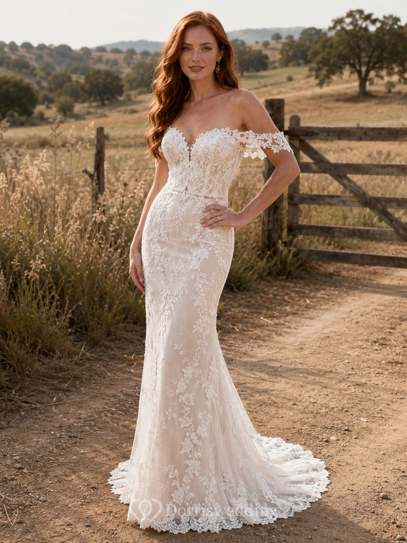 Country Lace Wedding Dress Mermaid Off Shoulder Chapel Train Low V Back Bridal Gown