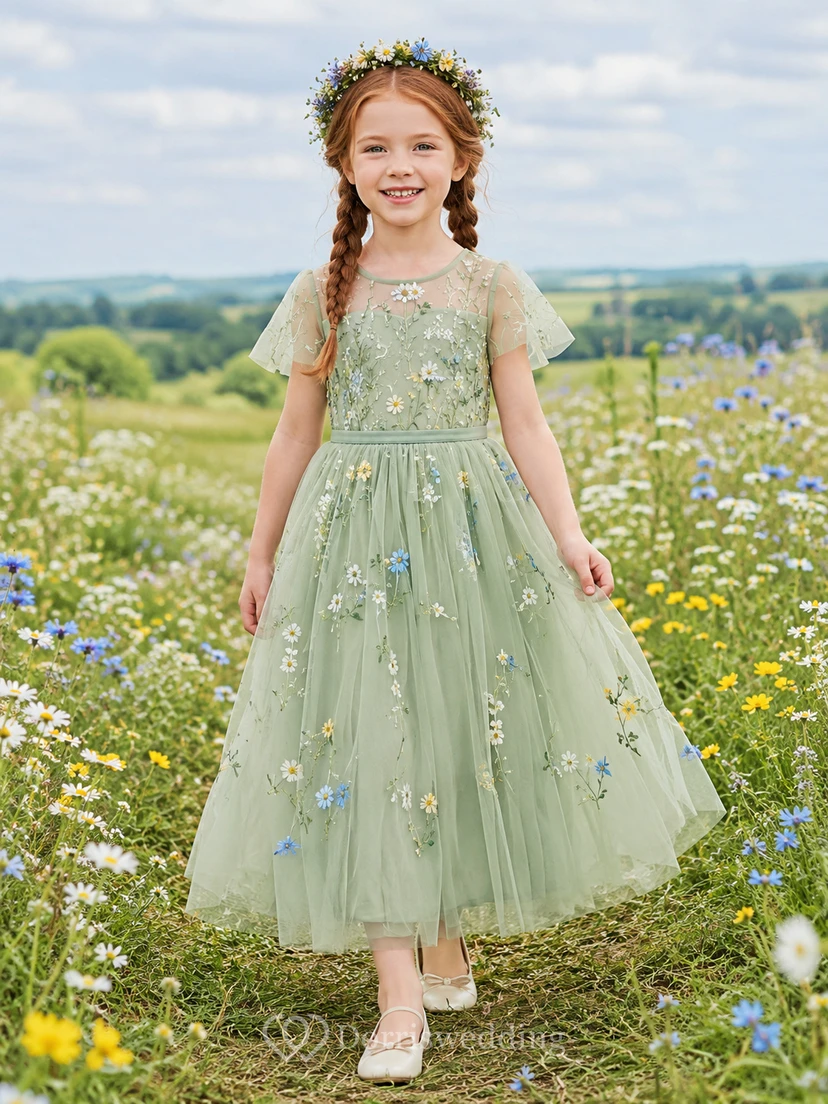 A-Line Flowergirl Sage Tulle Floor-Length Floral Applique Flutter Sleeve Wildflower Wedding Dress