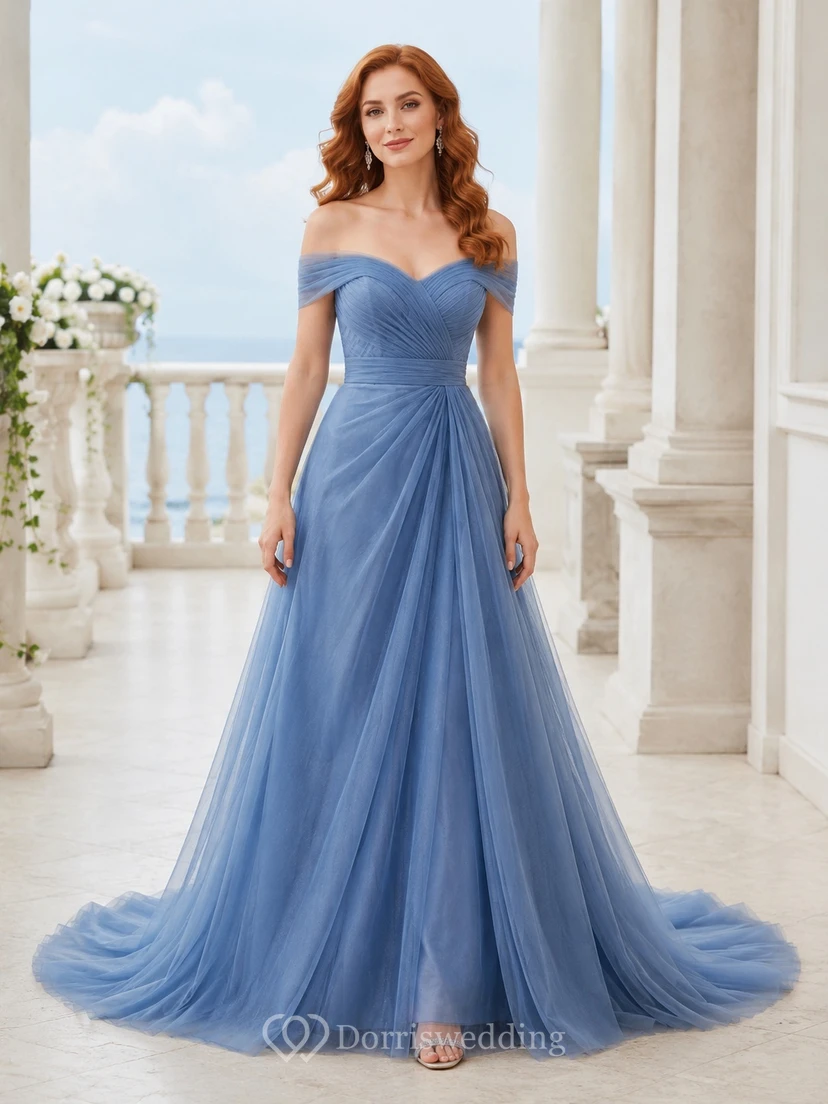 Sky Blue Off-the-Shoulder Sleeveless Tulle A-Line Sweep Train Prom Dress