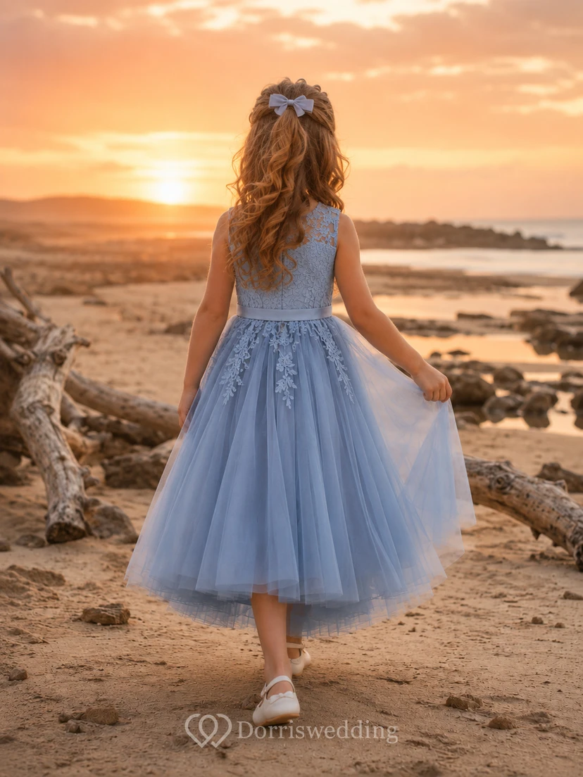Vestido de niña de las flores azul cielo, encaje, tul, corte en A, cuello joya, largo hasta la rodilla view 2
