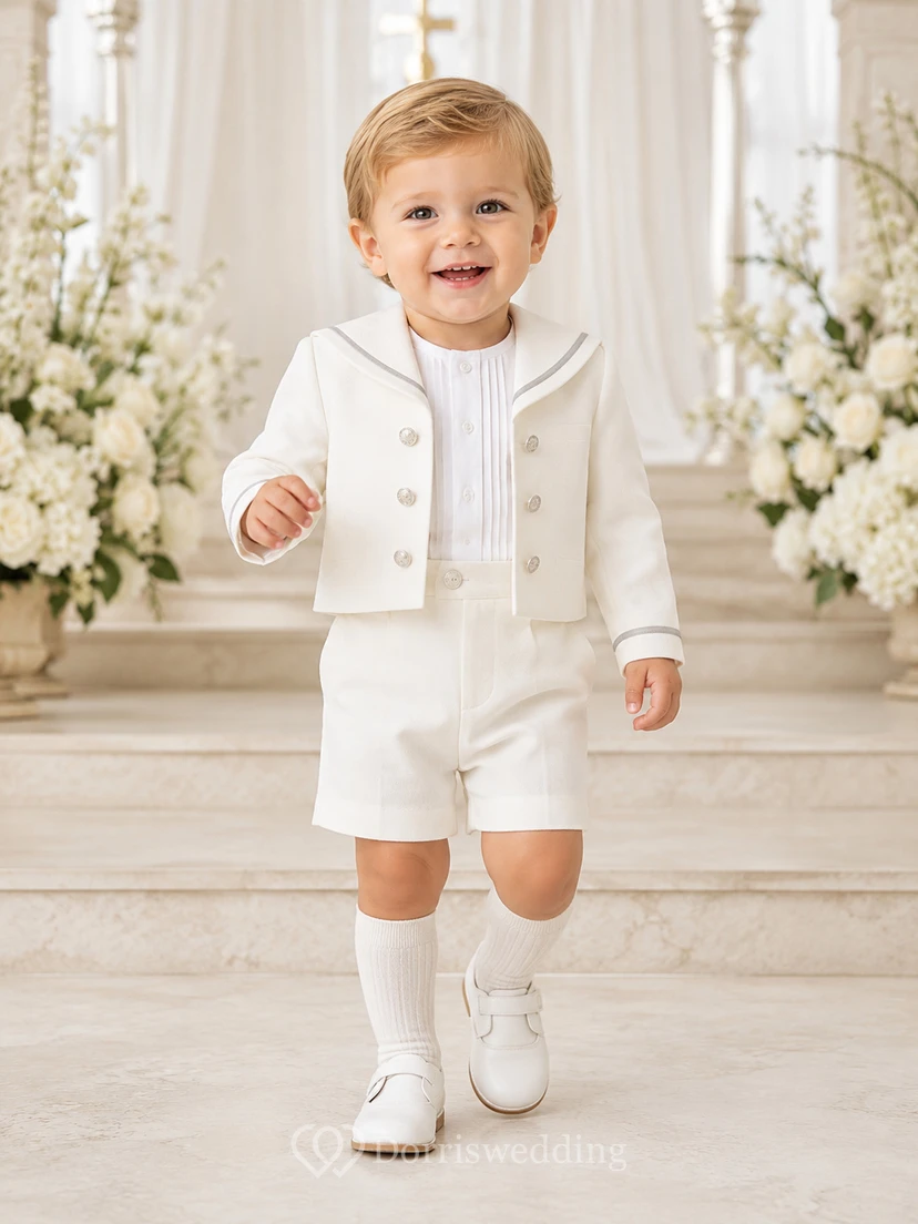 Ensemble veste de marin blanche classique à manches longues et short de baptême pour bébé garçon