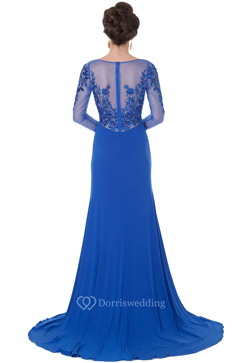 Perlenbesetztes, langärmeliges Maxi-Abendkleid aus Chiffon mit V-Ausschnitt und Applikationen view 2