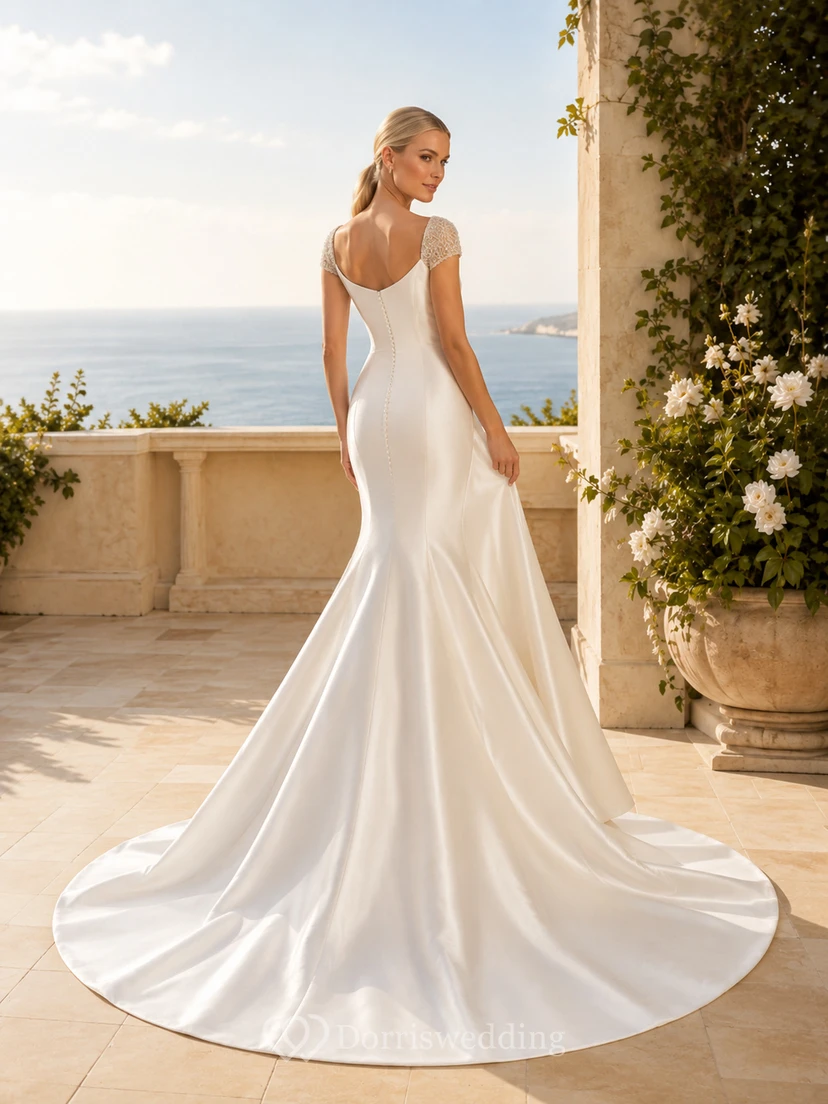 Robe de mariée sirène élégante en satin, décolleté cœur et manches en dentelle, traîne chapelle, pour un mariage de destination view 2