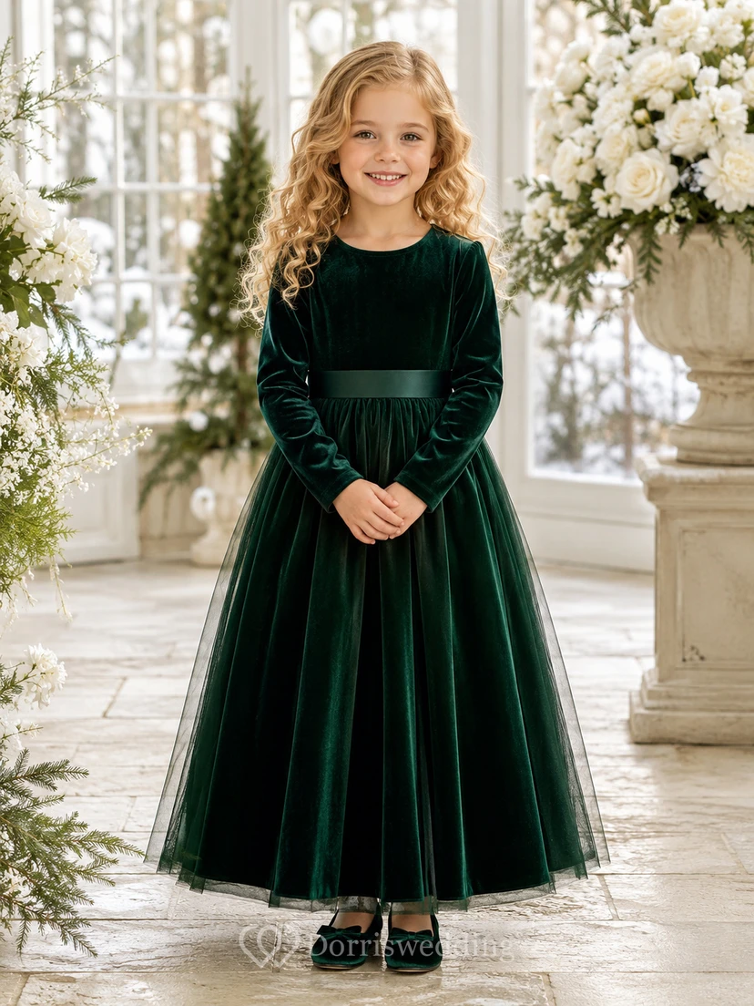 Blumenmädchenkleid, dunkelgrüner Samttüll, A-Linie, lange Ärmel, Rundhalsausschnitt, Teelänge, Schärpendetails